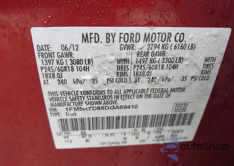 2013 Ford Explorer Xlt из США, поврежденный, VIN 1FM5K7D88DGA69410